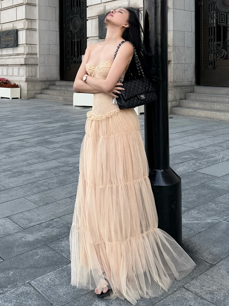 Macheda Y2K スイートスタイル 2 点セット女性オフショルダーフリル裾コルセットトップス + シャーリングドレープメッシュスカートマッチングエレガントなスーツ