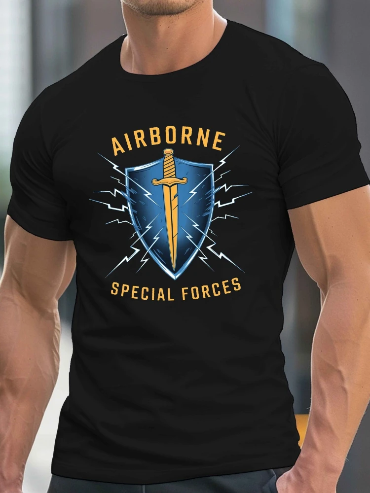 Airborne Special Forces Graphic with Blue Shield&Lightning Bolts Design-100% cotton O-neck short sleeve  printed men's T-shirt.