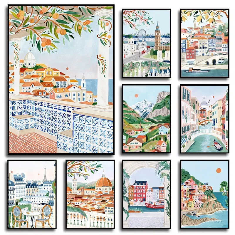 مجردة مدينة السفر الأوروبية المشهد سويسرا لشبونة باريس المشارك حائط لوح رسم الفن صور ديكور المنزل الداخلي