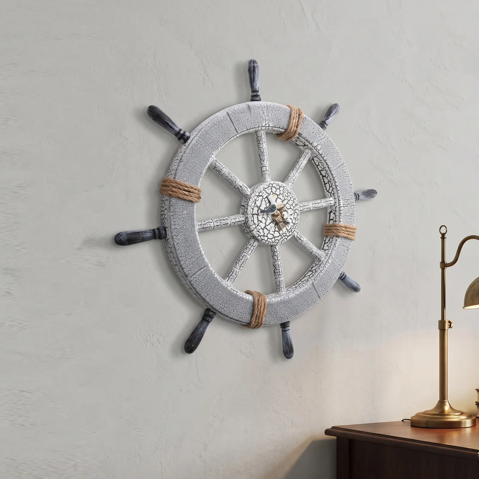 Wooden Ship Wheel Wall Decor 18 Inch Rustic Cracked Texture Nautical Wall Art Mediterranean Style Boat Steering Wheel Decoration