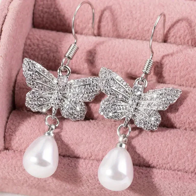 

Huitan Elegant Butterfly Drop Earrings with Shiny CZ Fashion Graceful Imitation Pearl Accessories Women Sweet Wedding Jewelry