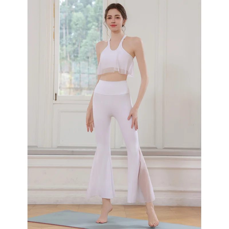 طقم يوجا نسائي رياضي بدون أكمام، حمالة صدر للجري متقاطعة من الخلف، سراويل واسعة للرقص واللياقة البدنية
