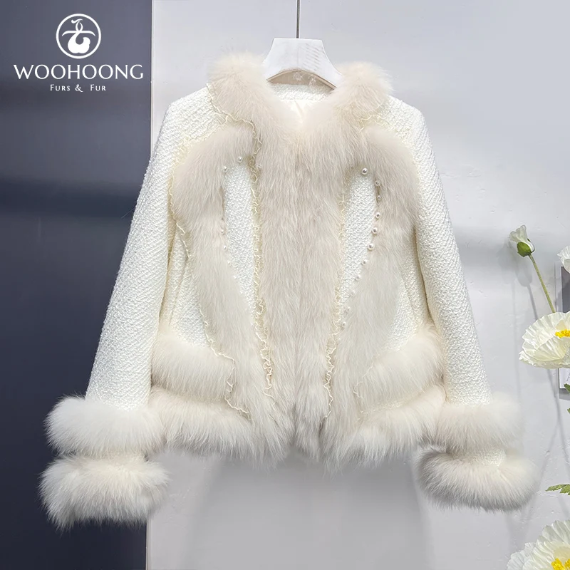 

New Winter Clothesreal Fur Coat Women'S Short Wool Blend Down Jacket Liner Lace Pearl Decoration Warm Korean Fashion