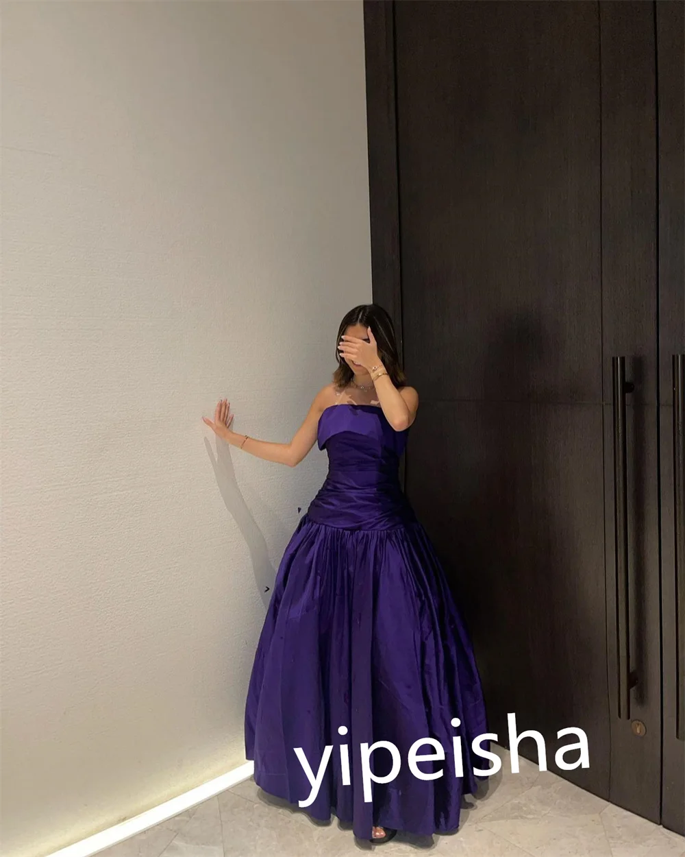 Customized Women Prom  Sexy Casual  Strapless A-line Floor Length  Dress Formal Ocassion Gown Pleat Satin black girl es