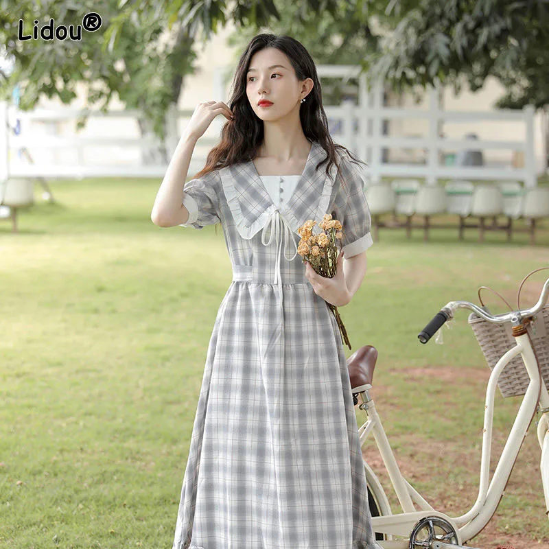 

Summer Peter Pan Collar Brocade Lattice Pullover Women's Clothing Bow Slim Preppy Style Empire Mid-calf Refreshing Sven Dresses