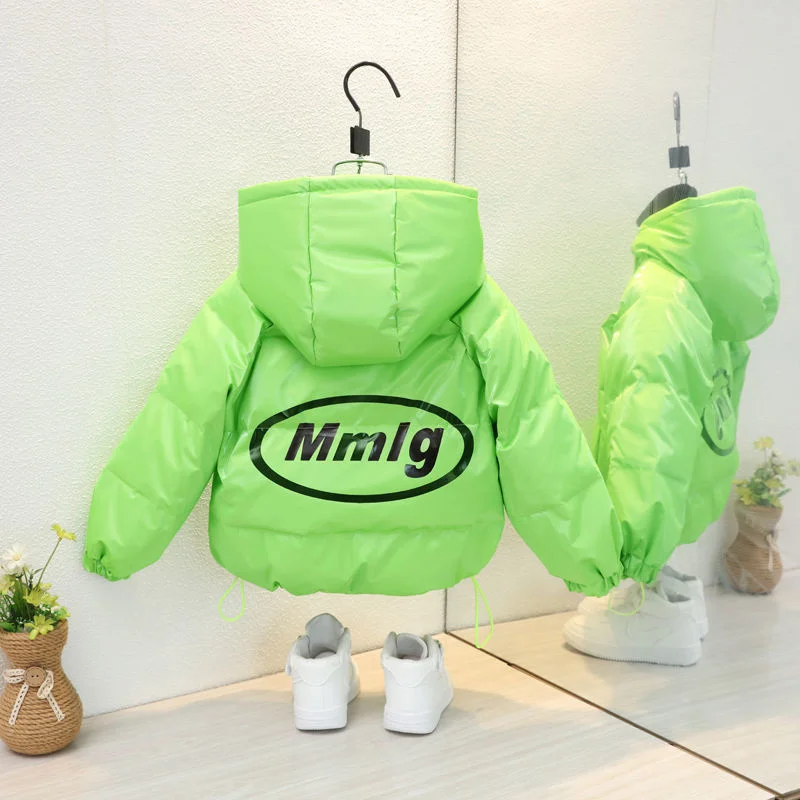 Fashion New Girl Boy Outerwear Winter Warm Thicken Down Jackets Baby Shiny Letter Print Coats Kids Clothing Hooded Padded Jacket