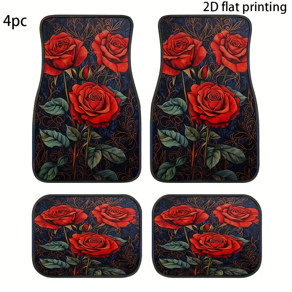 4pcs Car Floor Mats, Rose Floral Vine Pattern, Material, Universal Fit For Front And Rear Seat Accessories, Washable & Durable D