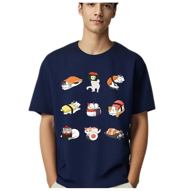 

Motorcycle Cat Eats Sushi T-Shirt 2025 Men's Fashion T-Shirt Printed Short Sleeve T-Shirt Oversized Top Luxury Cotton T-Shirt