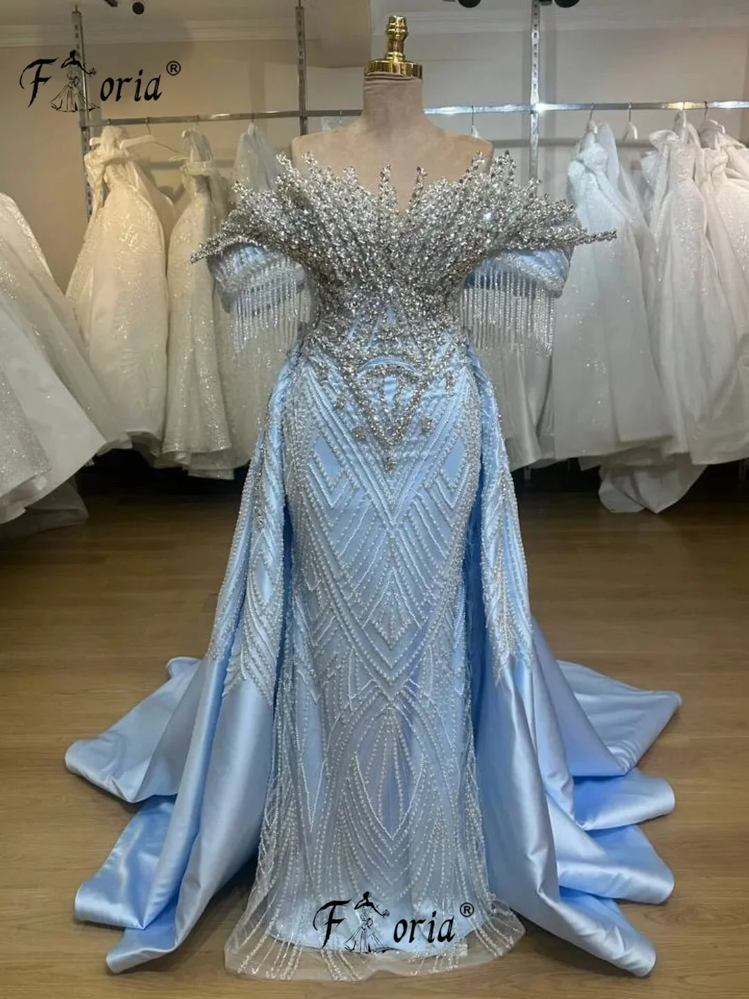 

Couture Blue Beads Crystal Wedding Party Dress with Tassels Dubai Woman Appliques 3D Prom Dresses Long Vestidos de noche 2026