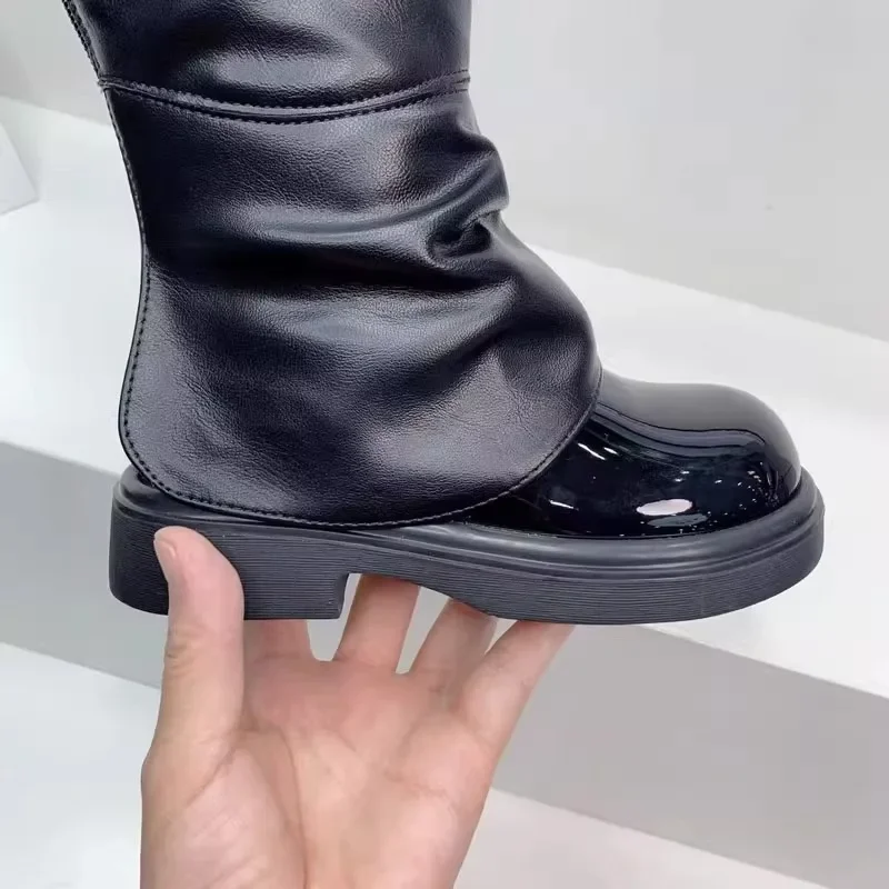 Fashion Patent Leather Long Boots for Girls Autumn Winter Back Zipper Kids Princess Boots Plush Warm Children Shoes Botas Niña