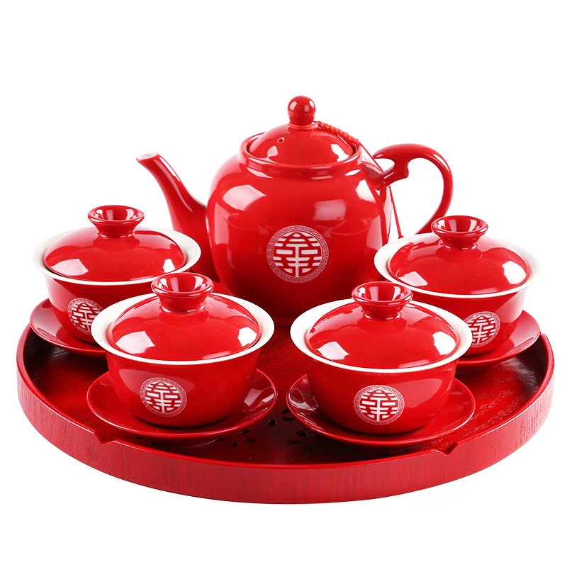 Imagem -05 - Chinês Fontes de Casamento Vermelho Conjunto Chá de Cerâmica Peças 570ml Bule Gaiwan Conjunto com Servindo Bandeja Chá Presente Porcelana