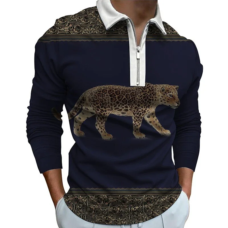 Animal Leopard Painting 3D Print Polo Zipper Long Sleeve Shirt for Men Button Down Fashion Shirt