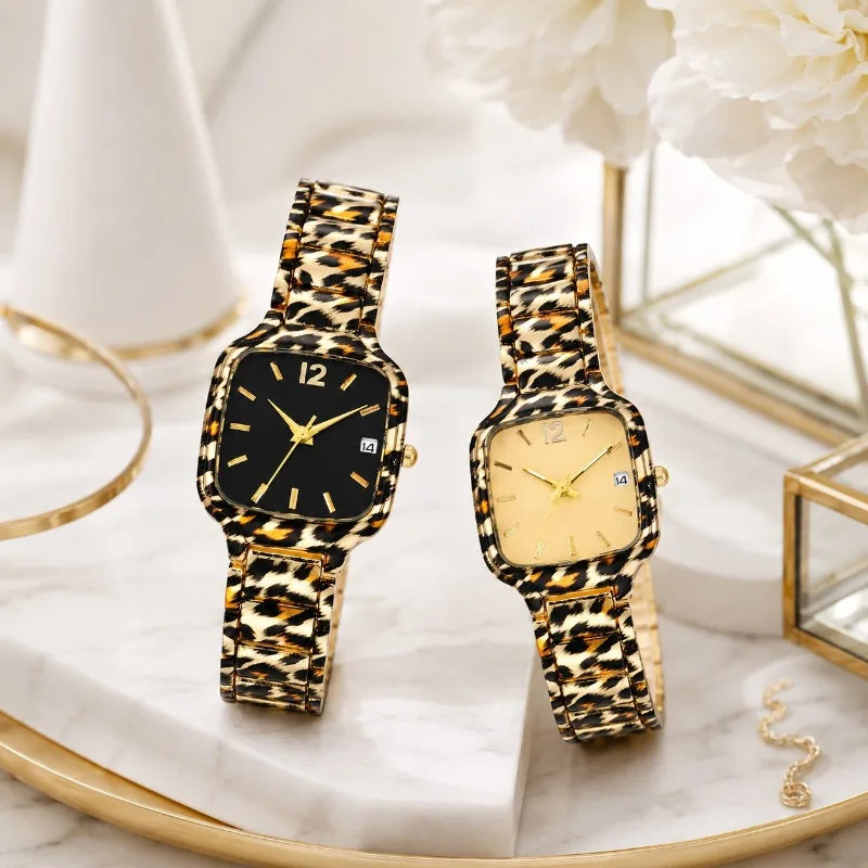 Women's Leopard Print Watches Top Brand Luxury Square Quartz Wristwatch for Woman Fashion Dress Ladies Watch with Calendar Reloj