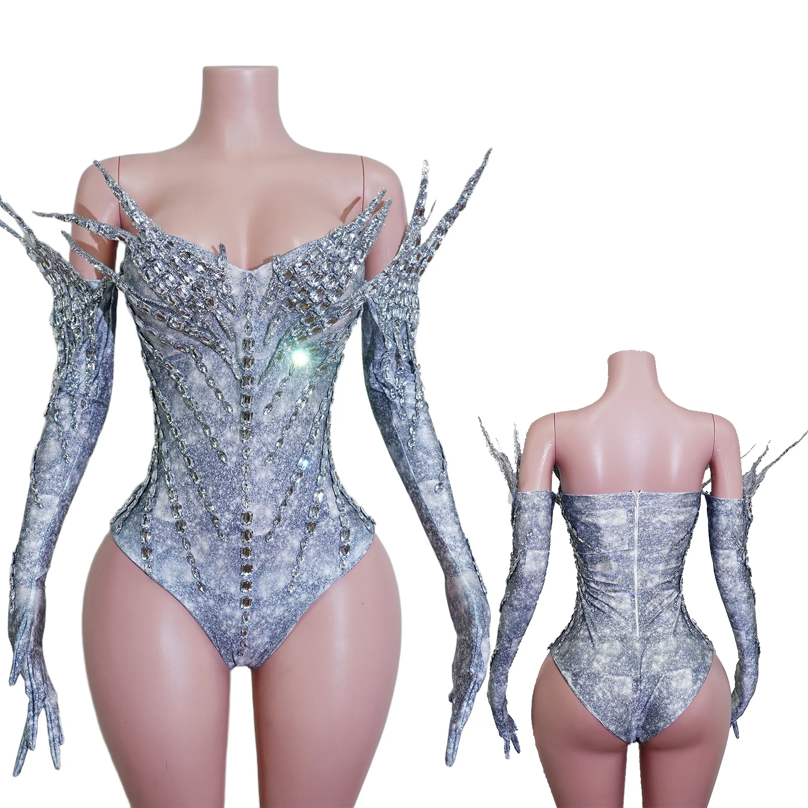 Grey Sparkly Rhinestone Bodysuit 3d Thorn Sequin Women Gloves Birthday Party Stage Costume Drag Queen Gogo Dancer DJ Outfit Rave - view 6