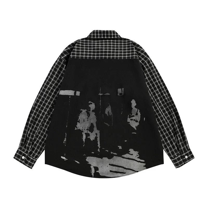 Men's Autumn Irregular Patchwork Plaid Shirt Hip Hop Trendy Printed Long Sleeve Loose Fit Casual Button Top