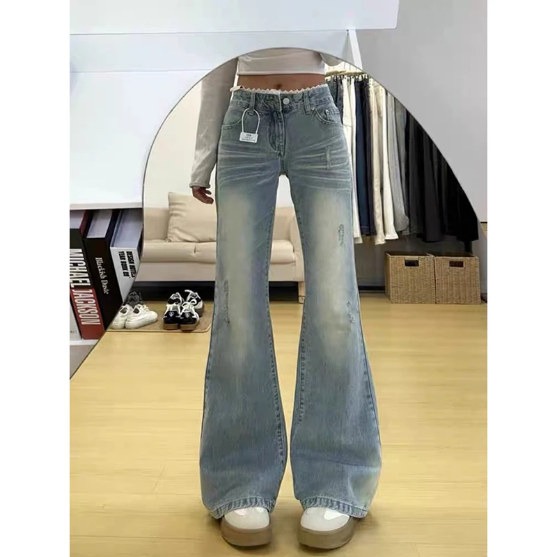 ZHIZOU Damskie Jeansy Rozszerzane z Niskim Stanem Japońskie Amerykańskie Retro Jeansy Koreańskie Spodnie Denimowe Abi Y2k Bell Bottom High Street Grunge Nowe