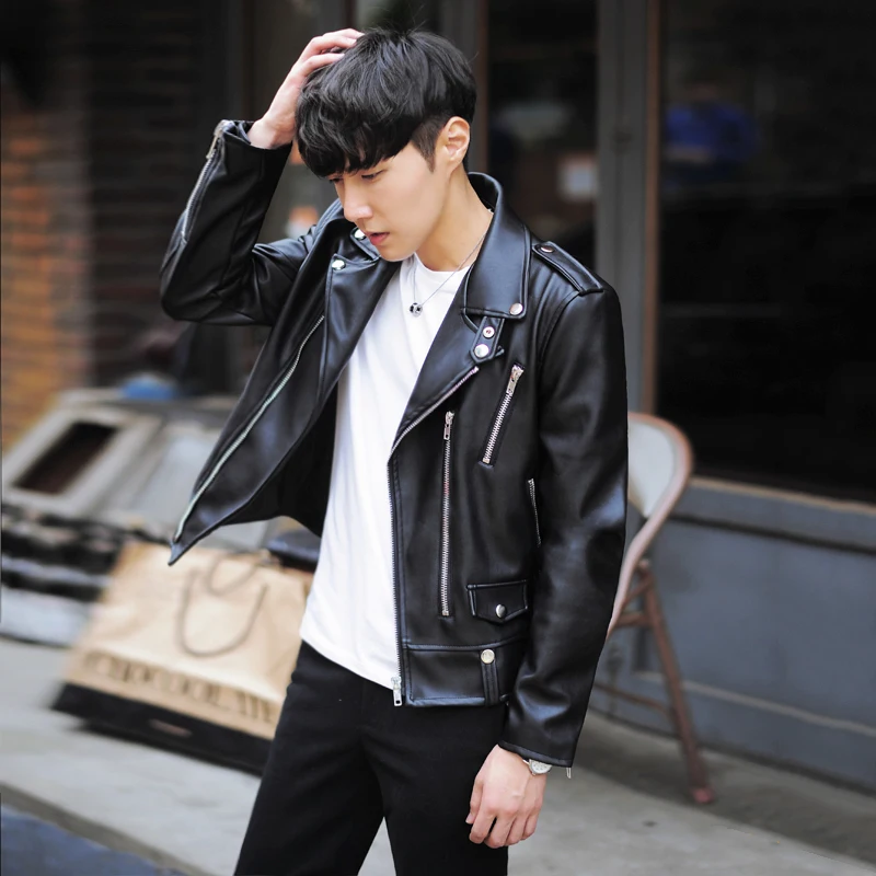 

Trendy Youth Biker Leather Jaet Men's Slim Fit ort Sle Korean System Casual Faion PU Material Autumn Season Zipper De...