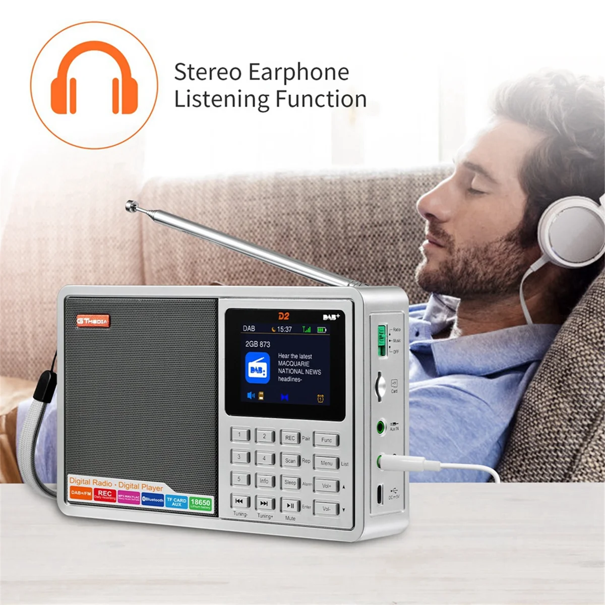 راديو محمول BVBV GTMEDIA D2 FM/DAB+ راديو رقمي مع RDS، شاشة LCD 2.4 بوصة، 60 محطة محددة مسبقًا، استقبال محسن