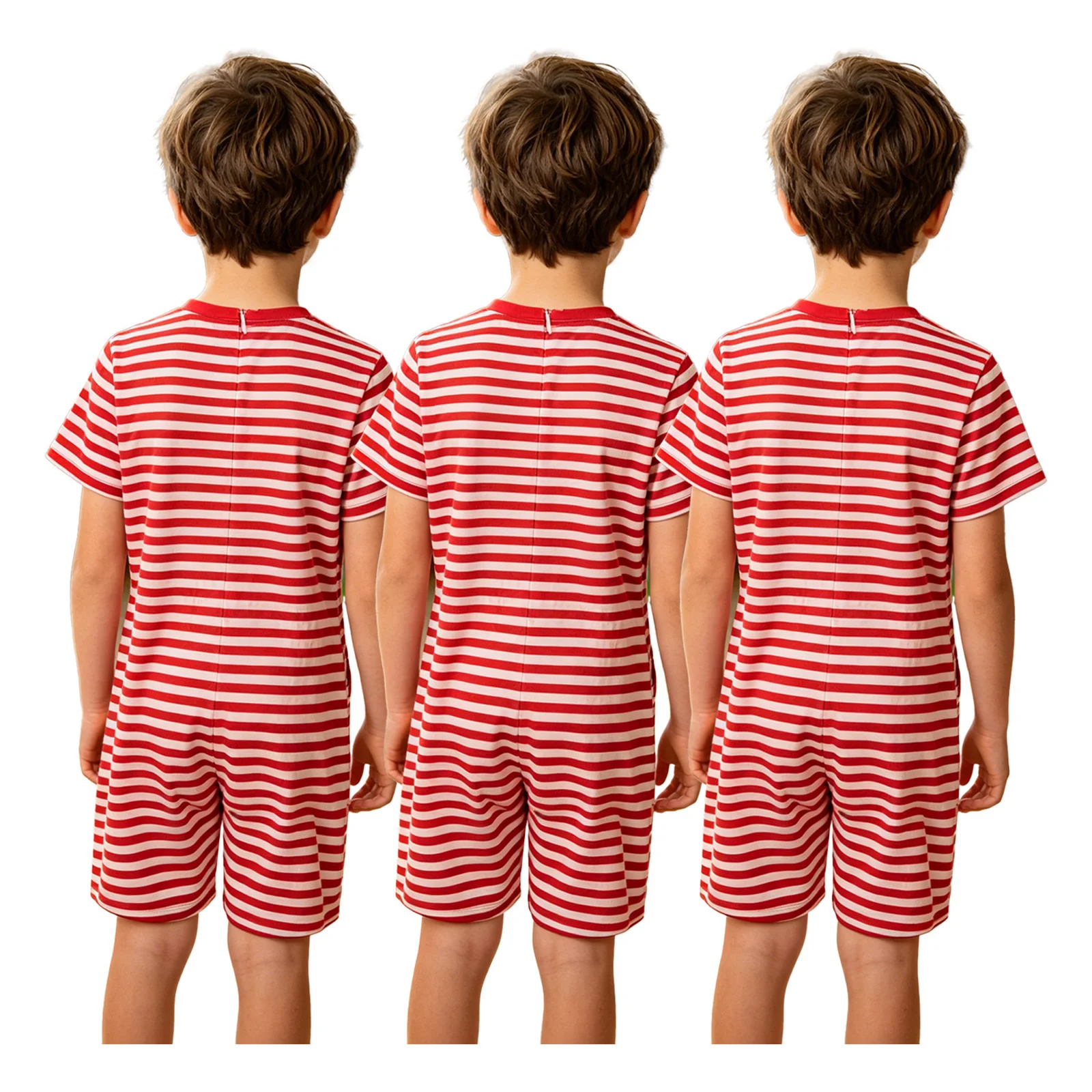 3pcs Kids Boys Girls Autism Special Needs Adaptive Clothing Short Sleeve Thigh Length Anti-strip Back Zipper Striped Jumpsuit