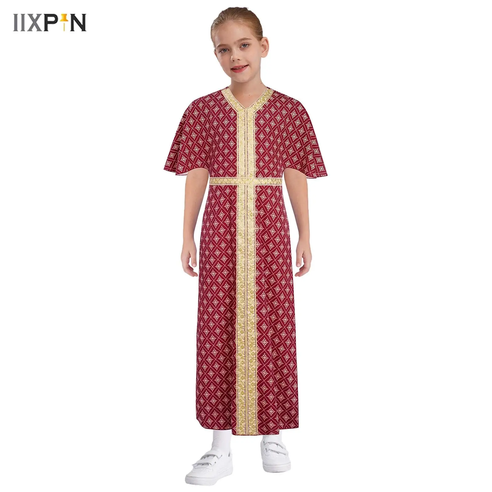 

Girls Indian Clothing Embroidery Trimming Floral Print Tunic Side Split Dress with Belt for Halloween Role Play Theme Party Robe