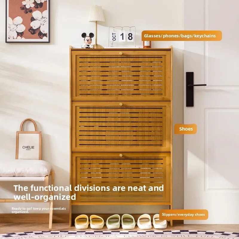

Factory Direct Ultra-thin shoe cabinet, retro black entrance cabinet at home door, tipping bucket storage shoe rack
