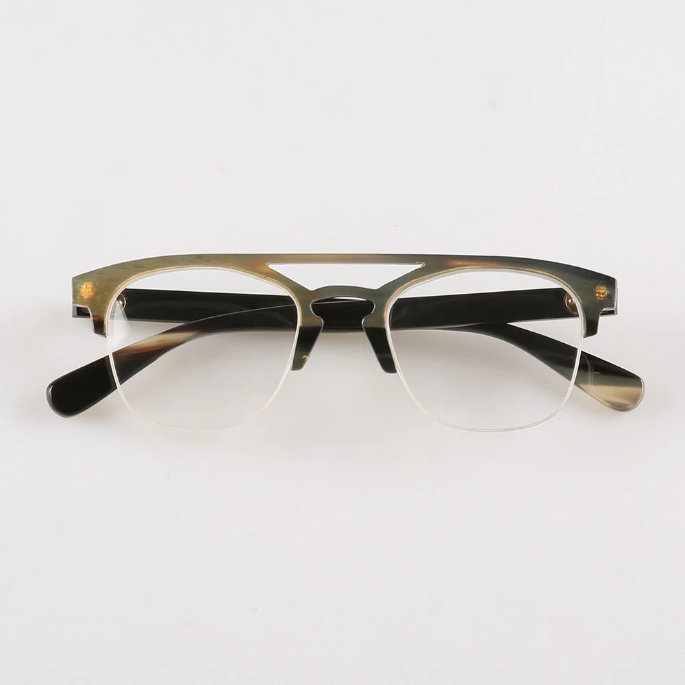 Double Nose Bridge Business Half-rim Optical Eyewear Natural Horn Handmade Stripes Prescription Glasses Luxury Eyeglass Frames