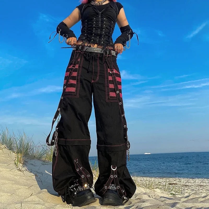 Retro Dark Punk Style Streetwear Baggy Jeans Contrast Color Striped Mesh Patchwork Chains Wide Leg Pants Y2k Gothic Trousers