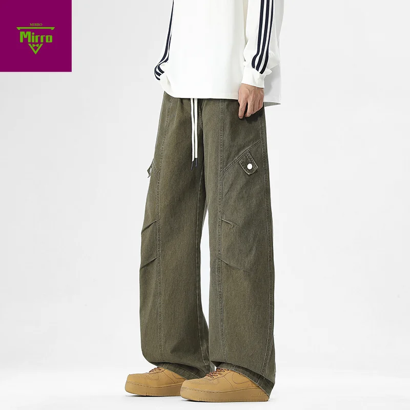 

【Mirrordust】Men's Retro Loose Casual Long Pants Pure Cotton Straight Wide-Leg cargo pants for men