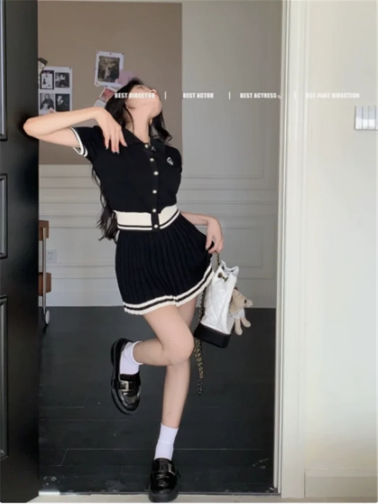 New Summer JK Girl Fashion Apricot 2 Piece Sets BM Academy Style Knit Short Shirt Cardigan&Pleated Mini Skirt 2PC Dress Suits