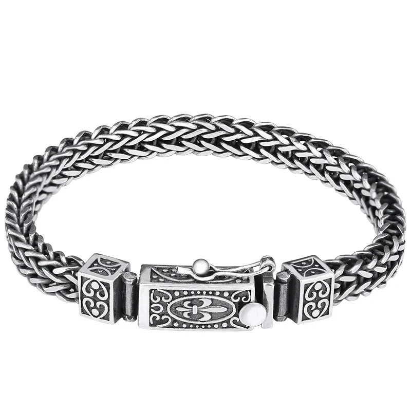 S925 Sterling Silver Charm Bracelets 2023 Popular Retro Totem Double Row Woven-Chain Pure Argentum Amulet Jewelry for Men Bangle