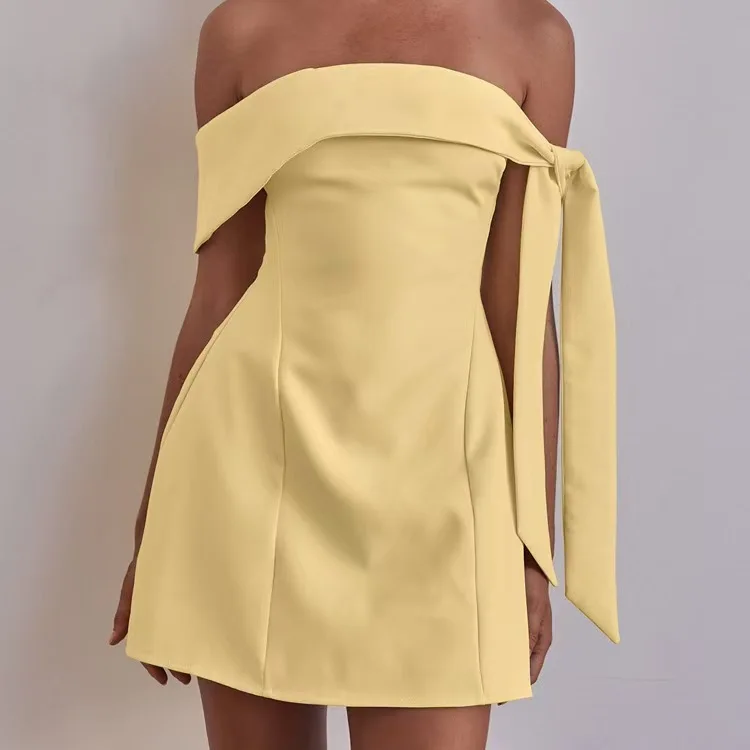 Sexy Off-Shoulder Short Dress Fashion High Waist Zipper Style No-Sleeve Pure Color Gown for Daily Wear Elegant And Attractive