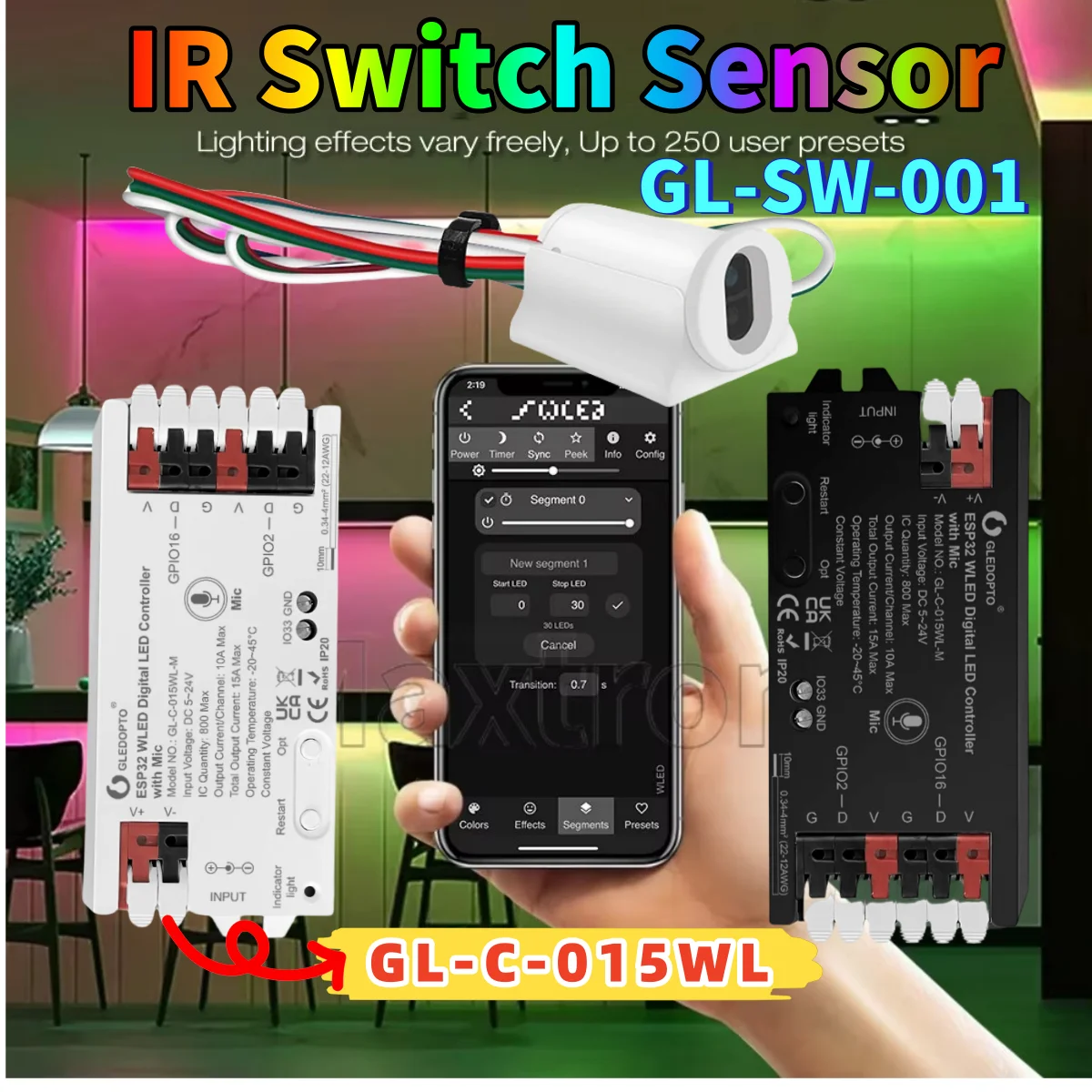 LED Strip Light ESP32 WLED LED Controller GL-C-015WL/ IR Switch Sensor GL-SW-001 RGBIC Gesture-Aware Trigger WS2811 SK6812 Strip