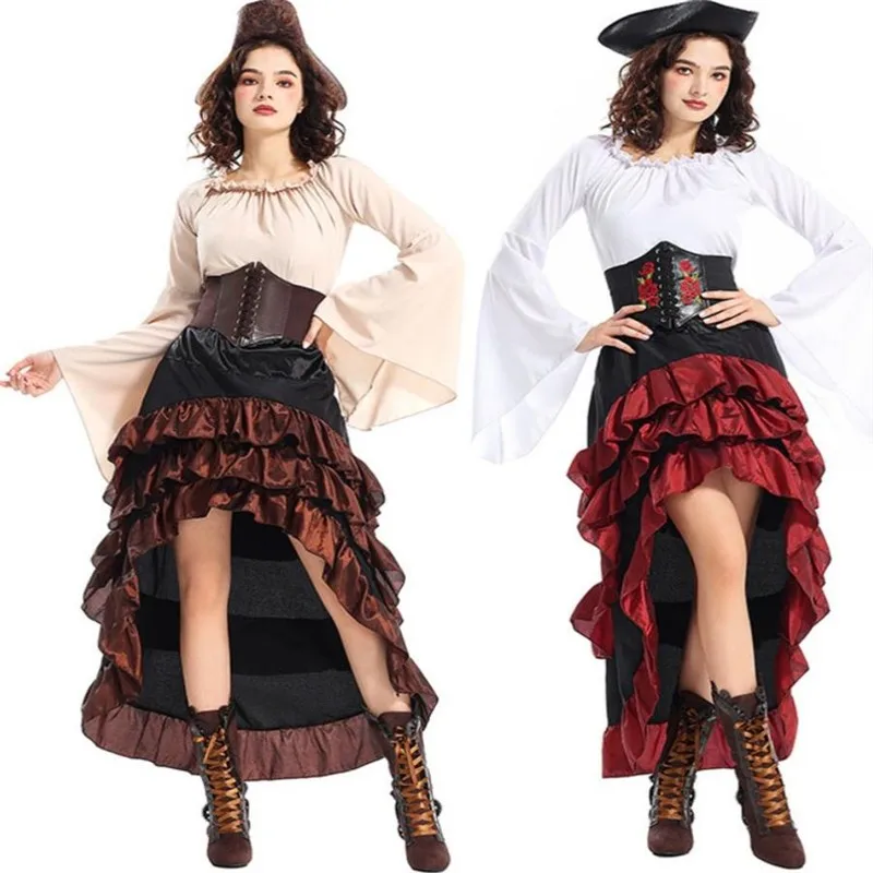 

Medieval Long Skirt with Waist Cinch Halloween Costume Pirate Queen Ocean Captain Actress Women's Traditional Ethnic Wear