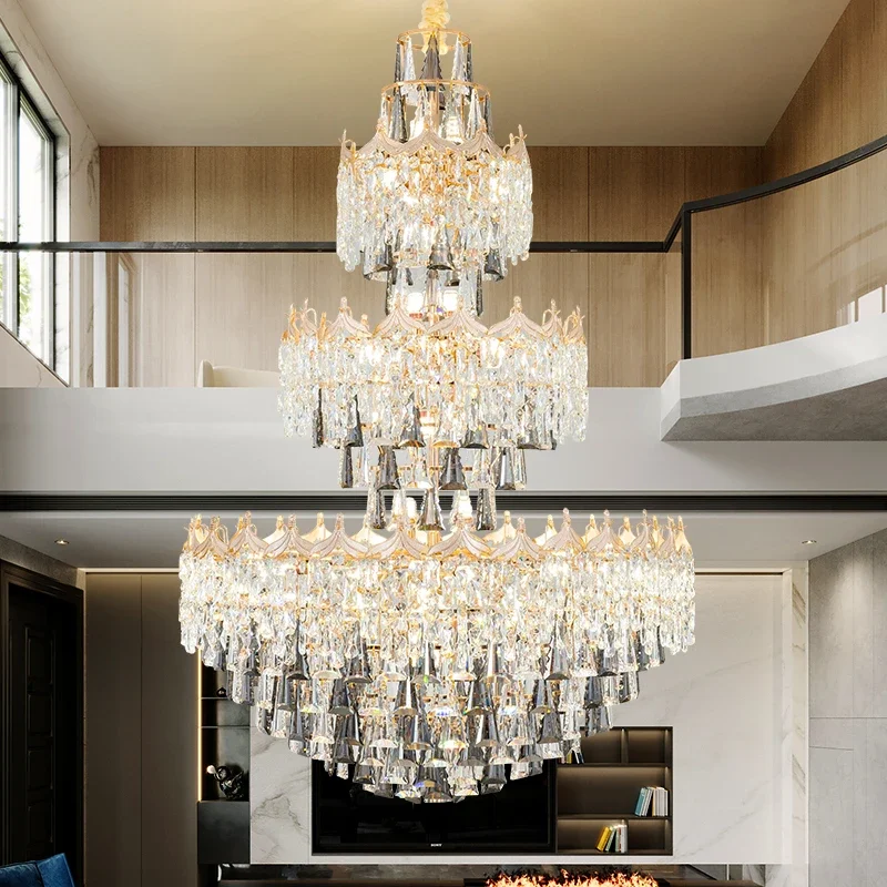 Duplex Chandelier European Luxury Villa Living Room Crystal Light Luxury Hotel Hall Lamps Hollow Tall Hanging Lighting