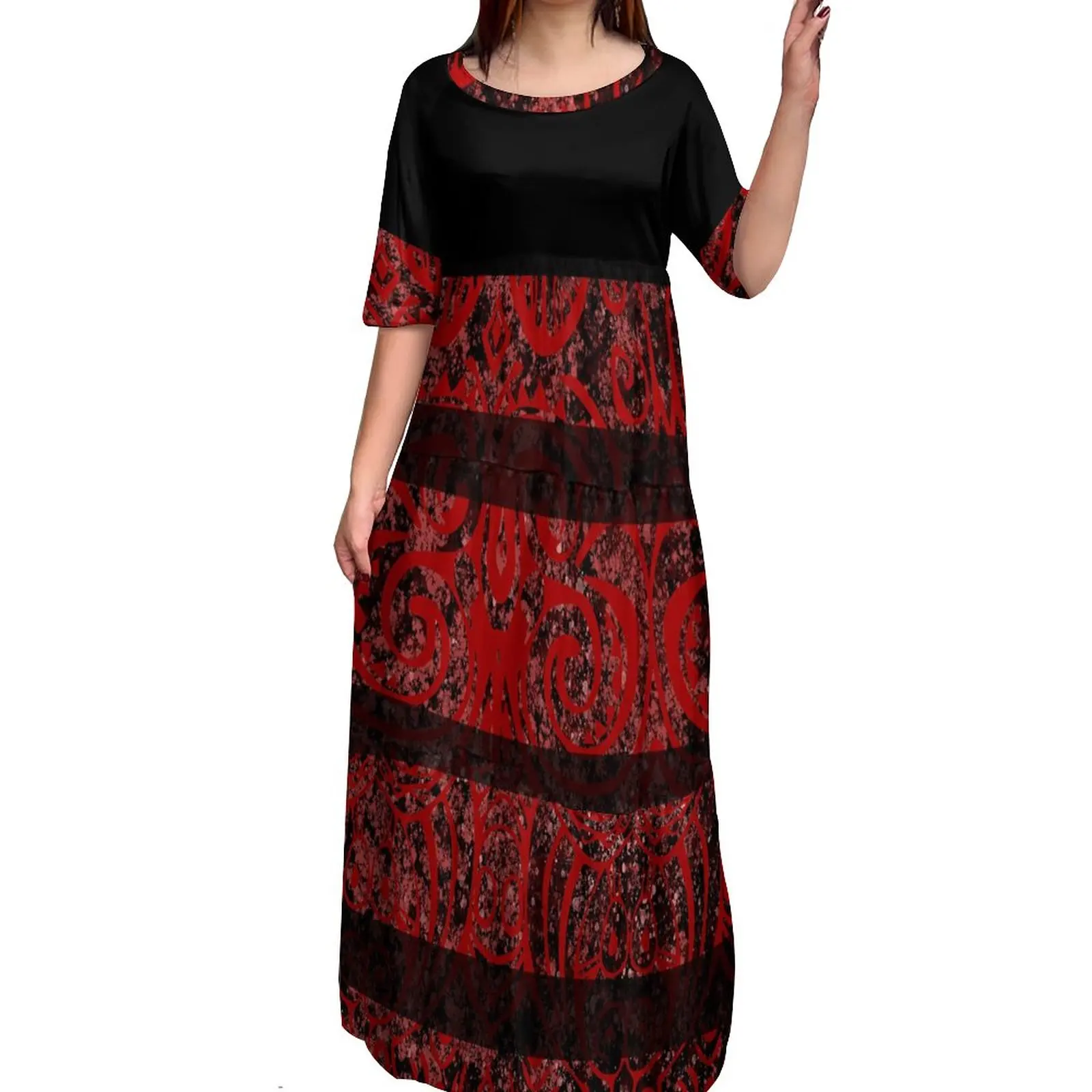 New Fashion Custom Pacific Island Art Print Ruffle Tiered Dress Crew Neck Polynesian Maxi Dresses Women Half Sleeve Loose Dress