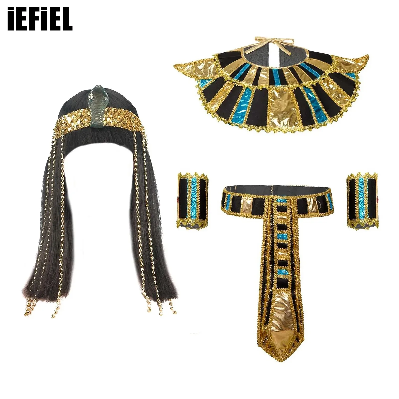 

Cleopatra Egyptian Queen Cosplay Accessory Wig And Plastic Beads Fringe Snake Headband Blunt Bangs Straight Hair Wig Neck Collar