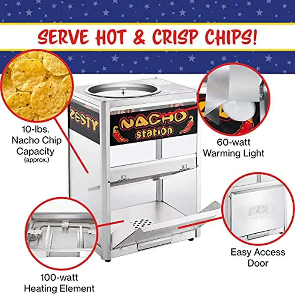 Commercial Food Warmer Display Case Steel Countertop Nacho Popcorn Peanuts Tortilla Chips 10lbs Capacity 100W Heating 60W Light