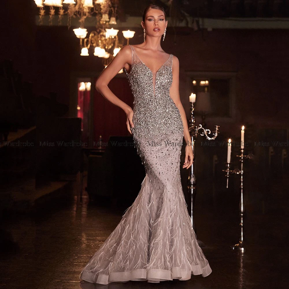 Customized Charming Mermaid Prom Dress Sparkle Beaded Crystals V Neck Evening Gowns Floor Length Feather Party Club Formal