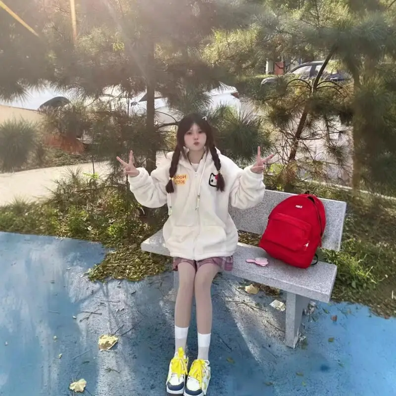 كيتي القط التطريز مقنعين القطن لامب الصوف معطف Y2K المرأة سستة الاتجاه سترة النساء الشتاء سميكة الملابس الدافئة