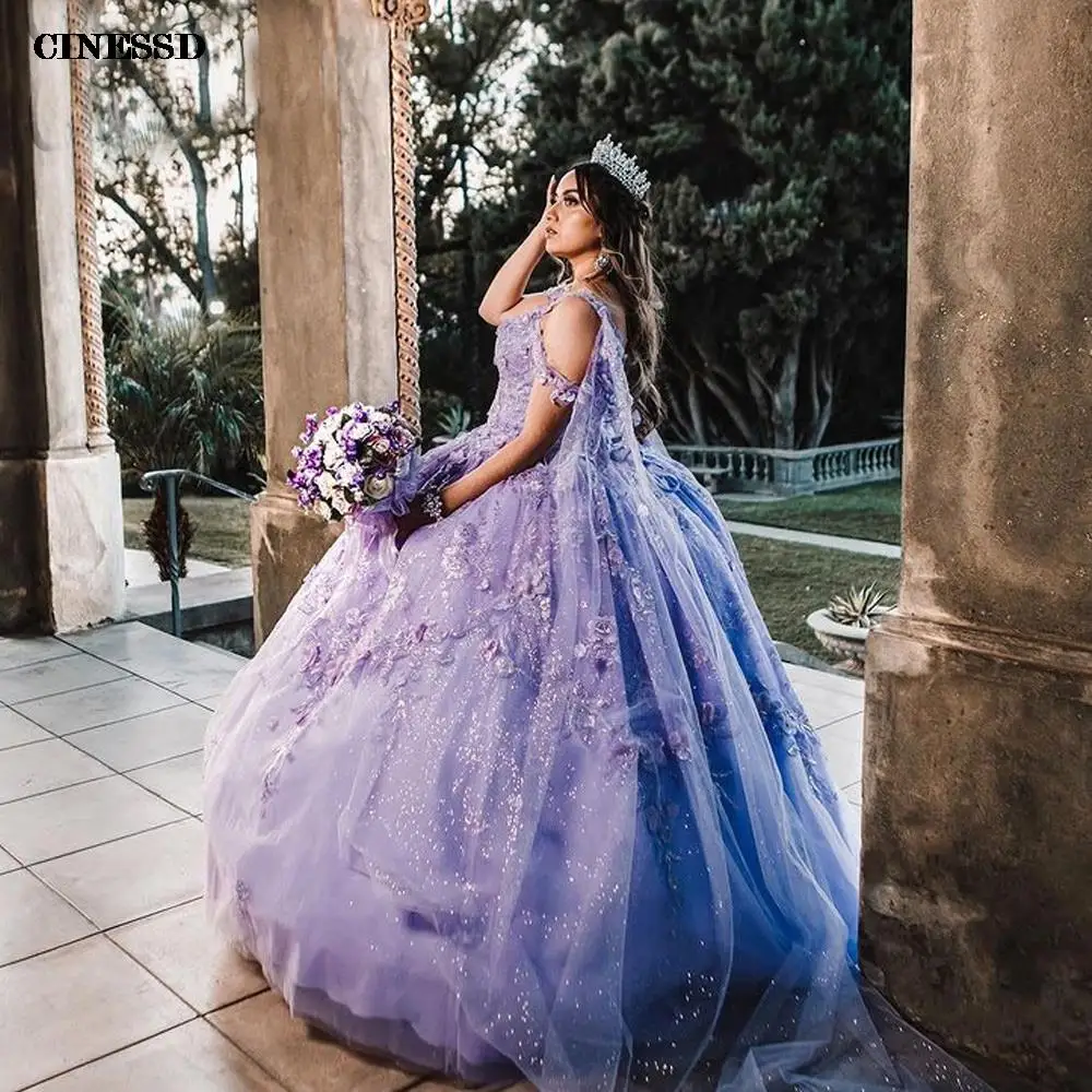 Vestido de baile sin hombros con cuentas de encaje para quinceañera, vestidos de corsé con capa, vestidos de graduación de princesa dulce 16