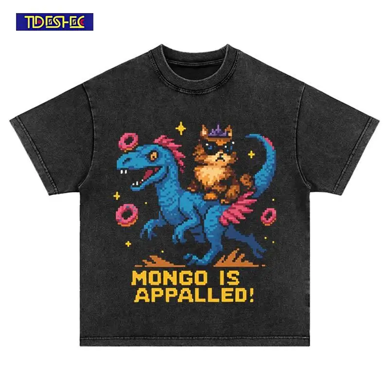 Hip Hop Streetwear Vintage Men Dinosaur Cat Print T-Shirt Summer Harajuku Cotton Short Sleeve Loose Leisure Washed Oversized Top