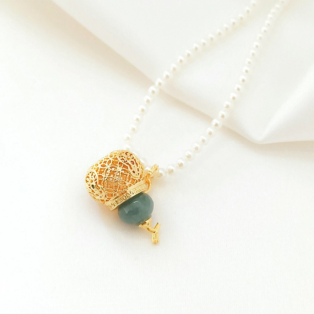 Brass Coated Gold Zircon Inlaid Jadeite Pumpkin and Gourd Pendant DIY Jewelry Making Necklace, Bracelet, Clothing Accessory
