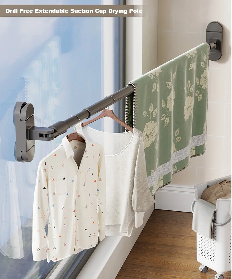 

Telescopic Suction Cup No Drill Install Clothes Drying Hanger Extendable for Blankets 180° Rotation Fits Corners & Bay Windows