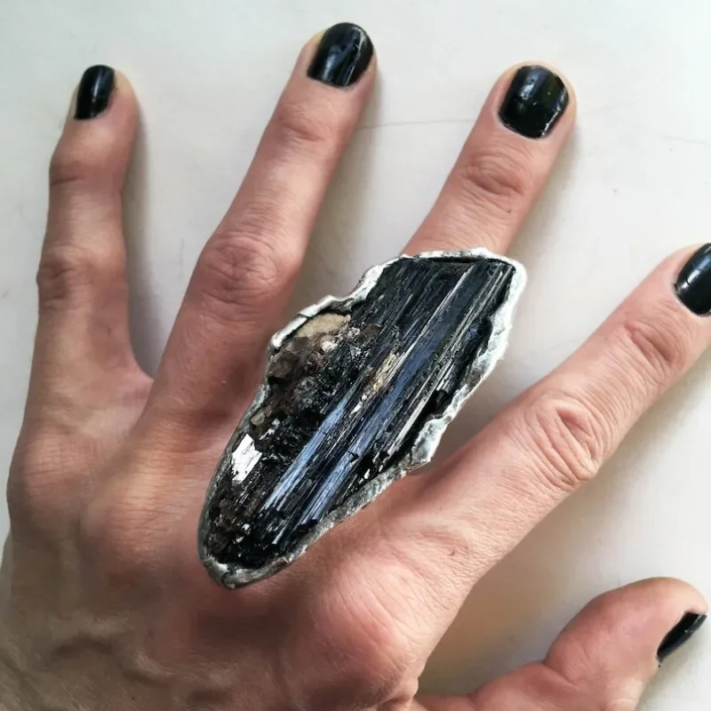 10pcs Mica Black Tourmaline Crystal Gemstone Ring Raw Schorl Adjustable Size 5 6 7 8 Goth Witch Boho Jewelry