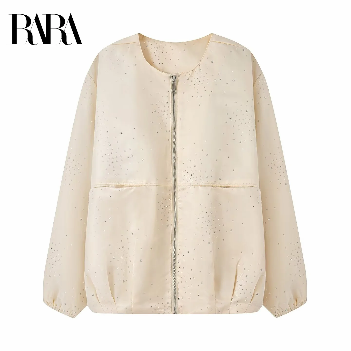 

RARA2025 Womens Autumn New Style Rhinestone Decorated Casual Loose Elegant Crew Neck Long Sleeve Satin Feel Jacket Coat