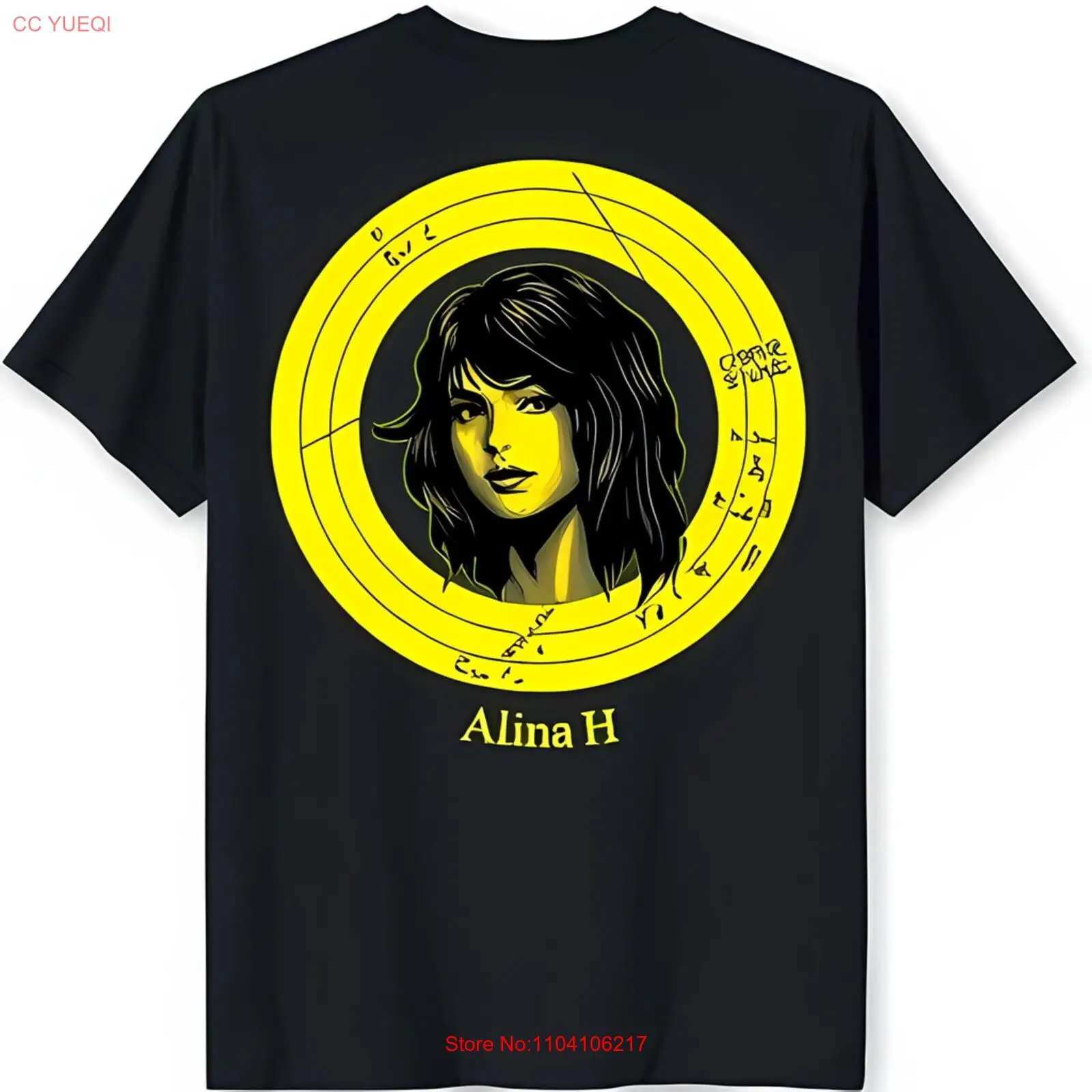 Stylish Black T-Shirt with Yellow Circular Graphic of Focused Woman 'Alina H'