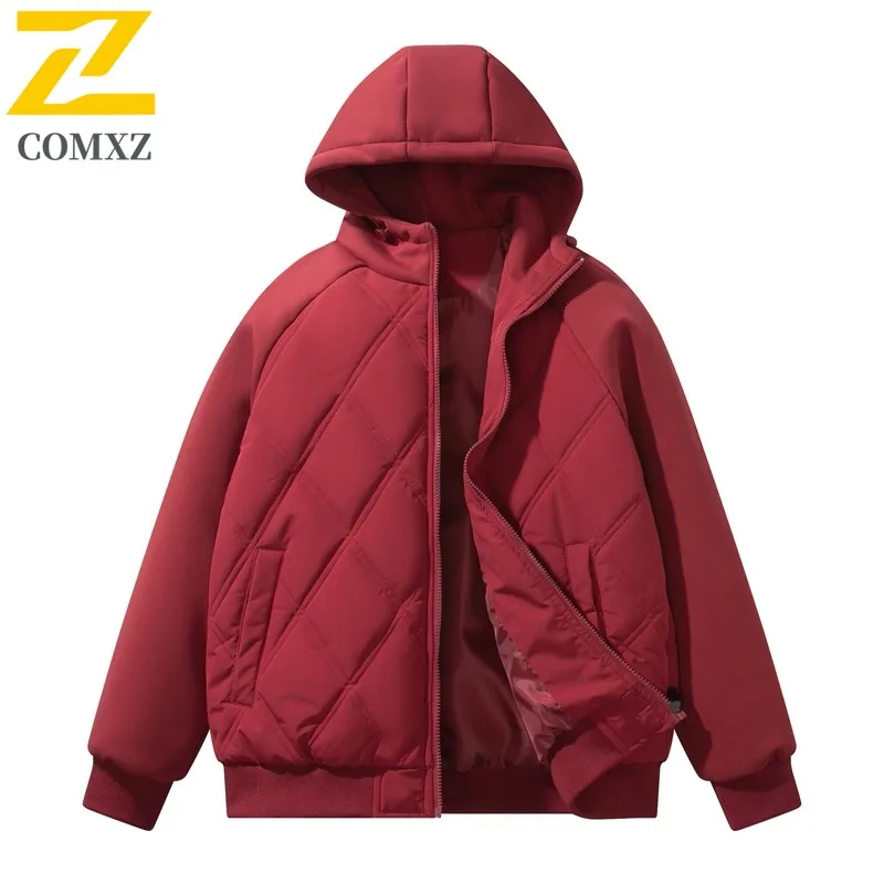 COMXZ New Cotton Coat Hooded Diamond Quilted Men Winter Korean Style Jacket Trendy Loose Thicken Casual Windbreaker Mens Jacket