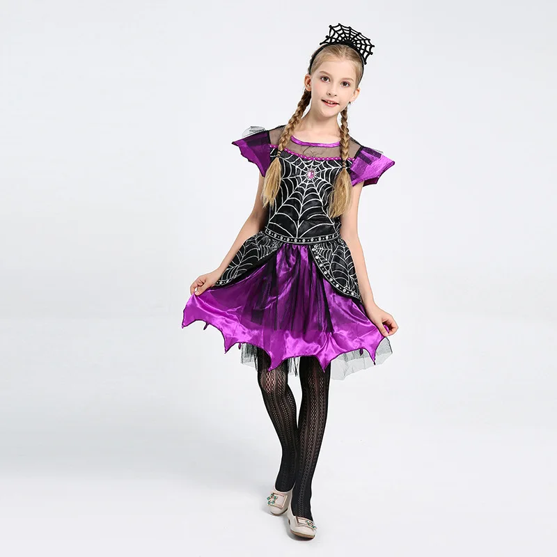 Girls Halloween Spider Witch Cosplay Dress Purple Black Sweet Short Sleeve Spider Web Party Dresses view 5