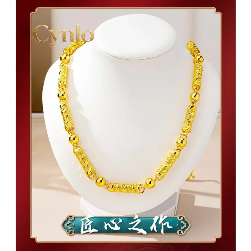 Cynlo Jewelry Men 24K Gold AU999 Bold Palace Style Cylinder Engraved Bamboo Bead Chain - Pure gold, enhances masculinity