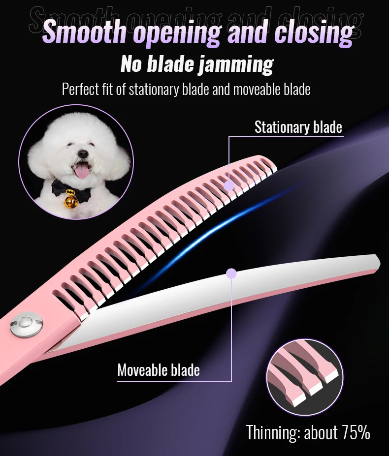 Fenice Dog Beauty Schere, bunt, 6,5/7/7,5 Zoll, JP440C, professionelle Hundepflegeschere, gebogen, dünnere Chunker-Schere – Detail 9